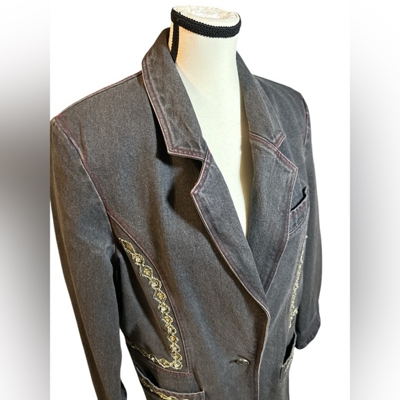 Vintage Embroidered and Jeweled Gray Denim Blazer - Picture 6 of 8